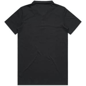 A black polo shirt featuring a collar and short sleeves, with a small logo on the upper side.