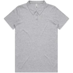 A grey polo shirt featuring a classic collar and button placket, with a branding logo.