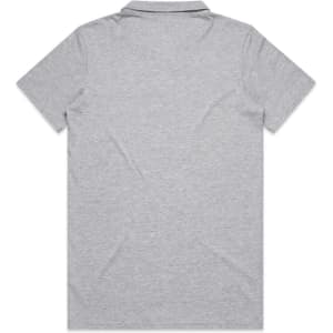 A grey polo shirt with a collar and short sleeves, featuring a branding logo.