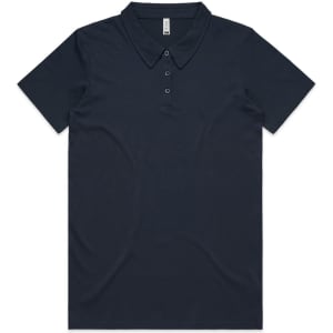 A navy blue polo shirt featuring a collar and button placket, with a logo on the chest.