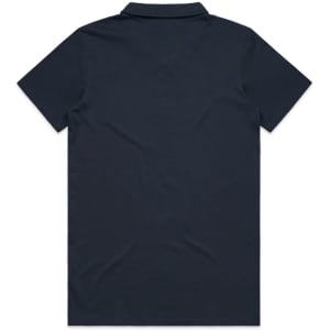 A dark navy polo shirt with a collar and short sleeves, featuring a logo on the front.