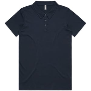 A navy polo shirt with a classic collar and three-button placket, featuring a logo.