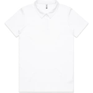 A white polo shirt featuring a classic collar and a logo on the chest area.