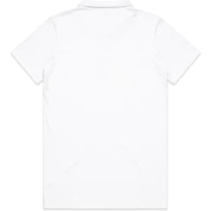 A white polo shirt featuring a collar and a plain back. It includes a logo on the front.