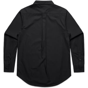 A black button-up shirt with long sleeves and a back pleat. The shirt features a collar and cuffs, with a logo.