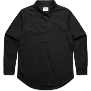 A black button-up shirt with a collar and long sleeves, featuring a logo at the neckline.