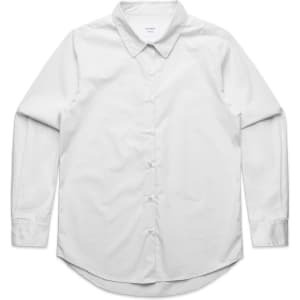 A white button-up shirt with long sleeves and a collar, featuring a branding logo.
