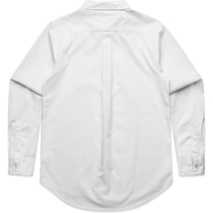 A white button-up shirt with long sleeves and a back pleat. The shirt features a collar and has a logo.
