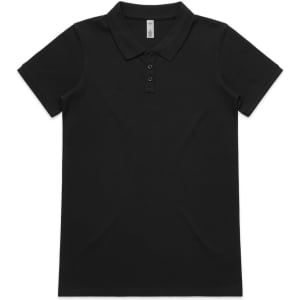 A black polo shirt with a collar and three buttons, featuring a logo on the chest.