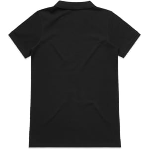 A black polo shirt with a classic collar, featuring a logo on the side.
