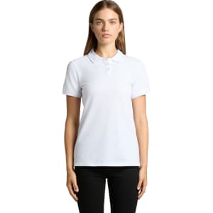 A white polo shirt with a classic collar and short sleeves, featuring a logo.