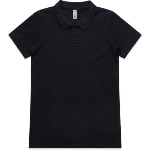 A black polo shirt with a classic collar and three buttons, featuring a logo on the chest.