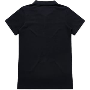 A black polo shirt featuring a collar and short sleeves, with a logo present.