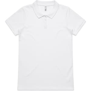 A white polo shirt with a collar and three buttons. It features a logo on the upper left side.