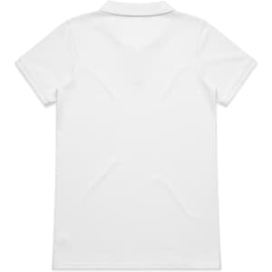 A white polo shirt featuring a classic design and a collar, with a logo on the front.