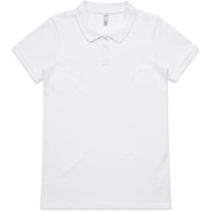A white polo shirt with a collared neckline and three-button placket, featuring a small logo.