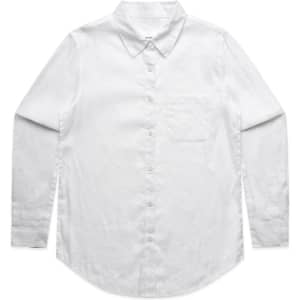 A white button-up shirt with long sleeves and a single chest pocket, featuring a logo.