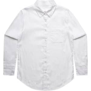 A white button-up shirt with long sleeves and a small chest pocket. The shirt has a collar and a logo.