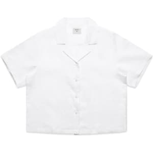 A white button-up short-sleeve shirt featuring a collar and a logo.