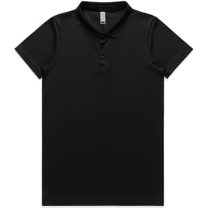 A black polo shirt with a collar, short sleeves, and a button placket. It features a logo on the chest.