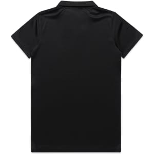 A black work polo shirt with a plain design and a collar, featuring a logo on the back.