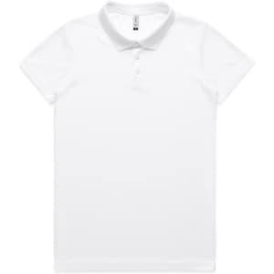 A white polo shirt with a contrasting collar and a logo. Features a classic fit and short sleeves.