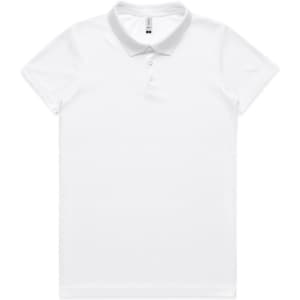 A white polo shirt with a collar and a logo, designed for active workwear.