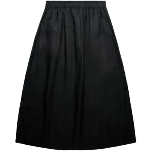 A black linen skirt with an elastic waistband, featuring a simple, flowing design.