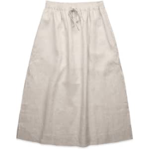A linen skirt in a neutral beige colour with an elasticated waistband and drawstring detail.