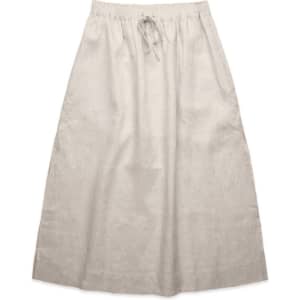 A light beige linen skirt with an elastic waistband and drawstring detail. It has a simple, flowing design.