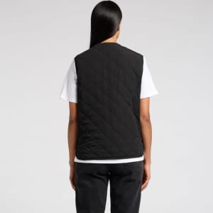 A black quilted vest with a minimalist design, featuring a back view and a logo near the neckline.