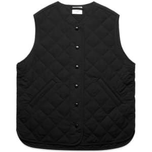 A black quilted vest with a round neckline, button closure, and side pockets. It features a branding logo.