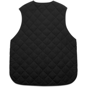 A black quilted vest with a diamond pattern, featuring a simple design and no visible branding.