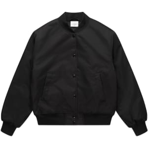 A black varsity bomber jacket featuring a button-down front and ribbed cuffs and hem. It has a logo on the chest.
