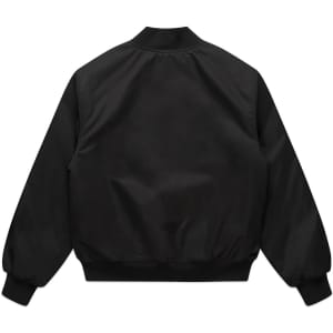 A black varsity jacket with a relaxed fit, featuring a simple design and ribbed cuffs and hem.