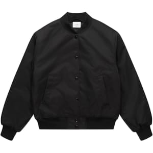 A black varsity bomber jacket featuring a button-down front and two side pockets. It has a logo on the label.