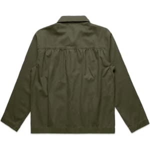 An olive green chore jacket featuring a collared neckline and back pleating. The jacket has a logo.