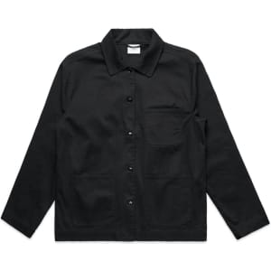 A black chore jacket featuring a button-up front, collar, and multiple pockets. It has a logo on the chest.
