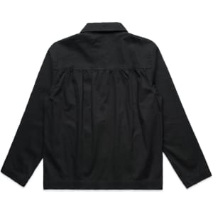 A black chore jacket with a pleated back and a collar, featuring long sleeves and a simple design.
