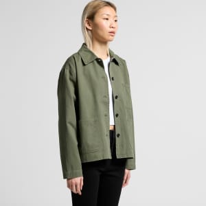 A green chore jacket with a collared neckline and button-up front, featuring a chest pocket and a casual fit.
