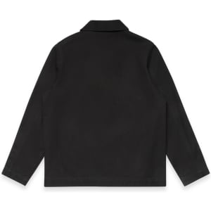 A black canvas chore jacket with long sleeves and a collar, featuring a logo on the back.