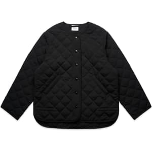 A black quilted jacket featuring a button-up front and side pockets, with a rounded hemline.