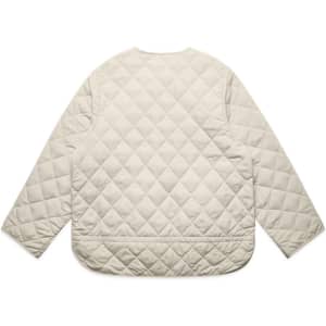 A quilted jacket in a light beige colour with a diamond pattern and a simple, rounded design.