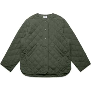 A green quilted jacket with a round neckline, front snap buttons, and side pockets. It has a plain design with branding.