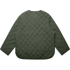A green quilted jacket with a round neckline and long sleeves, featuring a diamond pattern. It has a logo on the back.