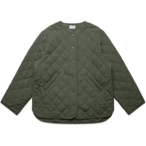 A quilted jacket in olive green featuring a round neckline, button closure, and side pockets. The jacket has a logo.