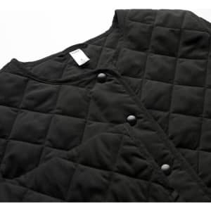 A black quilted jacket featuring a round neckline and button closures, with a textured diamond pattern.