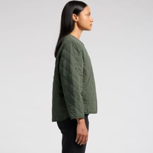 A quilted jacket in olive green, featuring a simple design and a branding logo, viewed from the side.