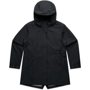 A black soft shell jacket with a hood and front pockets, featuring a simple design and a branding logo.