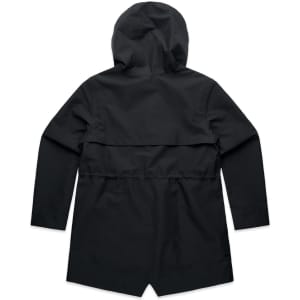 A black soft shell jacket with a hood and a back ventilation panel, featuring long sleeves and a simple design.